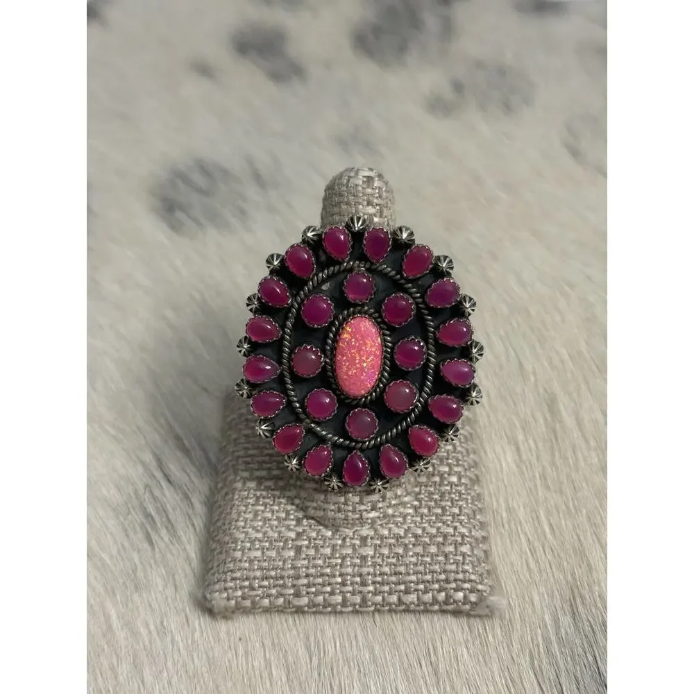HUGE Sterling Silver Pink Onyx & Pink Fire Opal Flower Cluster Ring 925 Adjust